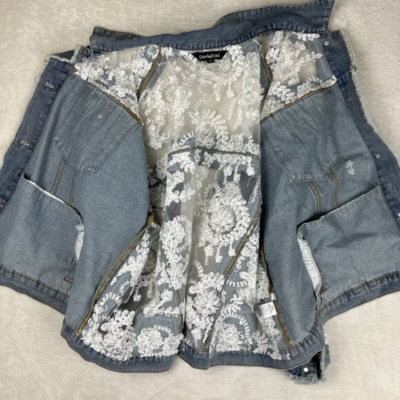 Davi & Dani Embroidery Lace Distressed Womens Denim Jacket Size 1X - Picture 7 of 8